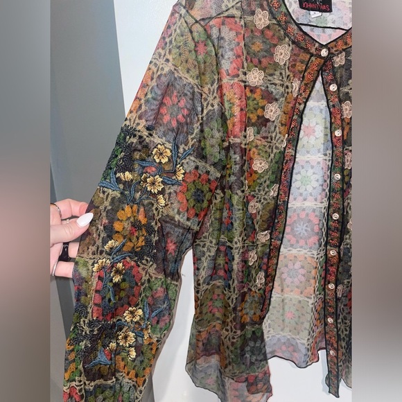 New! Johnny Was Flavie Mesh Embroidered Crochet 3D Flower Blouse 🌻 Medium - Picture 10 of 16